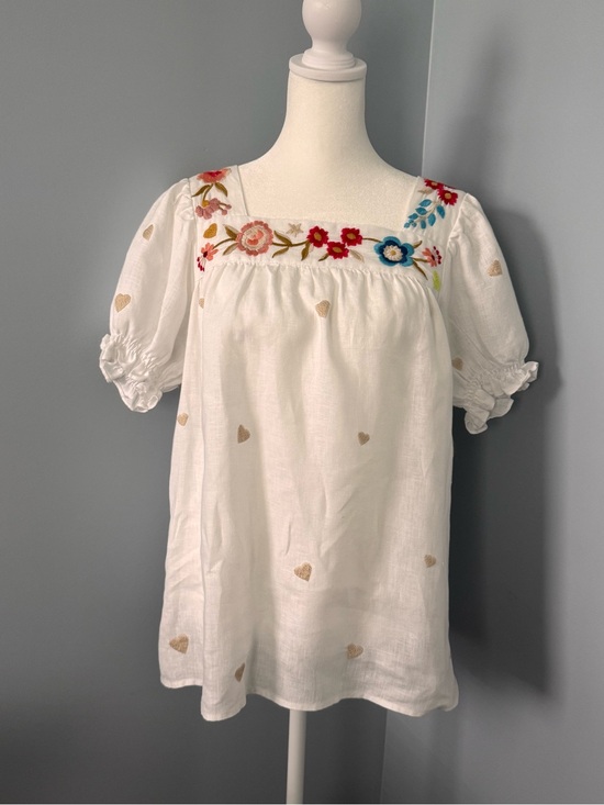 Johnny Was Tops - NWOT Johnny Was Embroidered Linen White Puff-Sleeve Peasant Top Size XS